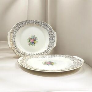 Triumph Limoges Rosalie 11” Oval Serving Platters Pair 22K Gold USA Vintage